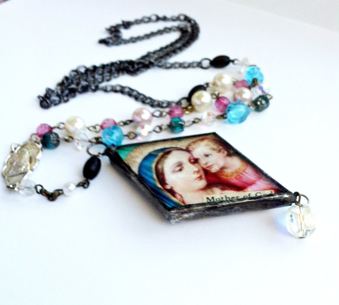 Virgin Mary Necklace, Rosary Necklace, Bohemian Jewelry, Beveled