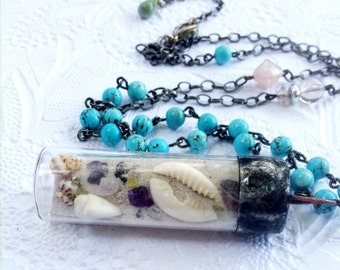 Sand and Shells Necklace, Soldered Vial Pendant, Seashells and Sand Zen Necklace, The Beach Necklace, Soothing Beach Charm