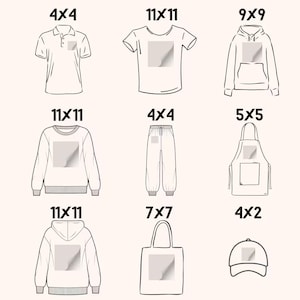 Puede incluir: Dibujos lineales de varias prendas de vestir, incluyendo un polo, una camiseta, una sudadera con capucha, una sudadera, un pantal&oacute;n de ch&aacute;ndal, un delantal, un bolso tote y una gorra de b&eacute;isbol. Cada art&iacute;culo presenta un &aacute;rea cuadrada para un dise&ntilde;o, con dimensiones en cent&iacute;metros.