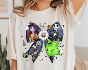 Transfert DTF Halloween cauchemar avec noeud, DTF saison effrayante, DTF Halloween horreur, DTF Halloween Disney, Transfert de films d'horreur, Coquette preppy