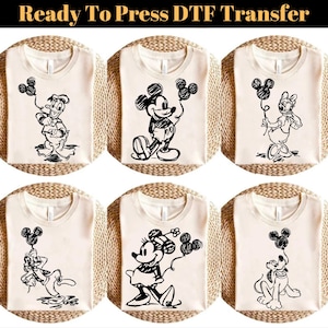 Disney Mickey en Minnie Sketch DTF-overdracht, Mickey en vrienden klaar om te drukken, Mickey en Minnie Silhouette Couple DTF, Disney-gezinsuitje