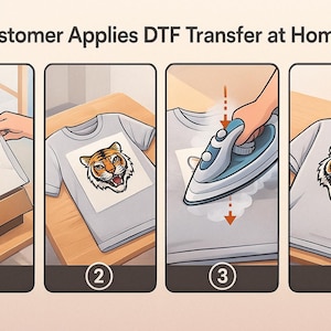 Puede incluir: Ilustraci&oacute;n que muestra los pasos para aplicar una transferencia DTF en casa. Se muestra una camiseta gris con un gr&aacute;fico de tigre. Los pasos incluyen quitar la transferencia, colocarla en la camiseta, planchar y el producto final.