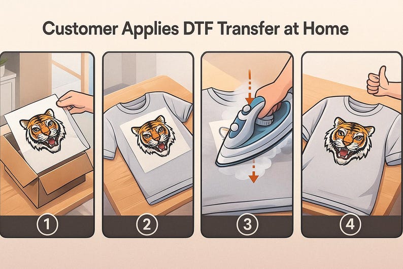 Puede incluir: Ilustraci&oacute;n que muestra los pasos para aplicar una transferencia DTF en casa. Se muestra una camiseta gris con un gr&aacute;fico de tigre. Los pasos incluyen quitar la transferencia, colocarla en la camiseta, planchar y el producto final.