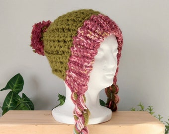 ROSE/VERT | Bonnet au crochet fait main | Produit FINI | Bonnet au crochet avec glands | Bonnet épais d'aspect tricot