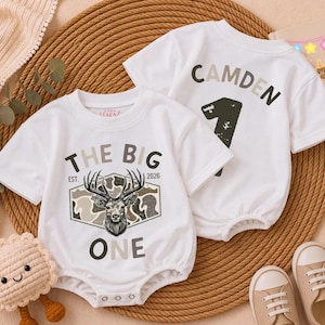 Custom Hunting First Birthday Boy Romper or Kids Tee, The Big One Birthday Shirt, Personalized Camo Baby Outfit