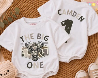 Custom Hunting First Birthday Boy Romper or Kids Tee, The Big One Birthday Shirt, Personalized Camo Baby Outfit