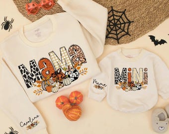 Personalized Leopard Fall Mama and Mini Pumpkin Matching Sweatshirt, Custom Autumn Family Outfit, Cute Thanksgiving Mommy and Me Gift