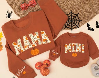 Personalized Mama and Mini Pumpkin Sweatshirt, Custom Wrist Name Fall Outfit, Fall Season Mom and Baby Sweater