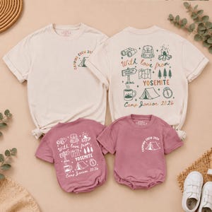May include: Two cream-coloured t-shirts and two mauve-coloured baby rompers featuring camping-themed graphics. The designs include illustrations of binoculars, a backpack, a campfire, a tent, a mug, and the text "With love from YOSEMITE Camp Jonson 2026".