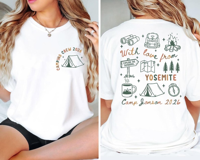 May include: A white t-shirt featuring a small tent graphic and the text Camping Crew 2026 on the front left chest. The back displays a collection of camping icons including binoculars, a backpack, a campfire, a map, trees, a mug, and a tent with the text With love from YOSEMITE Camp Jonson 2026.