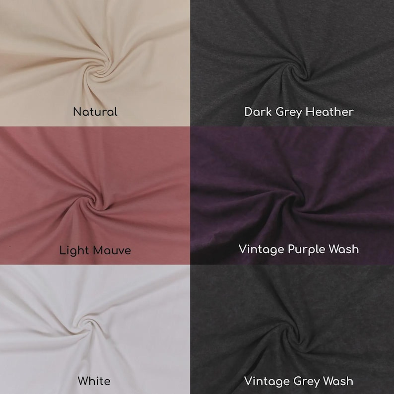 May include: A grid of six fabric swatches in various colours and textures. The colours are labelled as Natural, Dark Grey Heather, Light Mauve, Vintage Purple Wash, White, and Vintage Grey Wash. Each swatch features a central gathered fabric swirl.