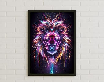 Electrifying Neon Lion Poster, Vibrant Psychedelic Jungle King Wall Art, Futuristic Bold Colorful Style Animal Print Decor, Modern Gift Idea