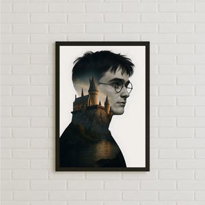 Póster de silueta de fan art de Harry Potter, arte mural con iconografía llamativa de Hogwarts Within, idea de regalo para fans del Mundo Mágico, decoración de Daniel Radcliffe