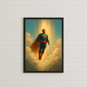 Può includere: Opera d'arte incorniciata con Superman in volo, che attraversa le nuvole. Indossa un costume blu con un emblema "S" rosso, un mantello rosso e una cintura gialla. Lo sfondo mostra una luce intensa.