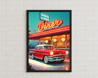 Retro Diner Vibes Poster, Classic 50s Car Wall Art Print, Bold Colourful Vintage Feel Home Office Decor, Retro Car Lover Gift Idea