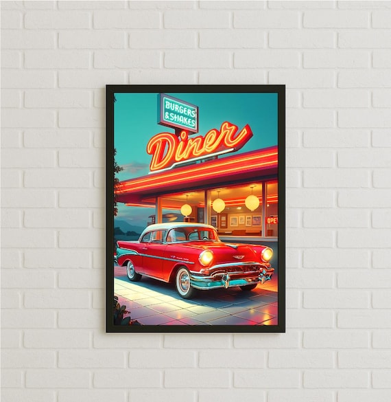 アメリカンビンテージ50's！クラシックカーポスター広告！ レトロなダイナーの雰囲気を醸し出すポスター、クラシックな50年代の車