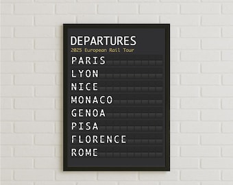 Personalised Departure Board Poster – Custom Travel Print with Title, Subtitle & Destination List, Nostalgic Gift Idea For Travellers Wall