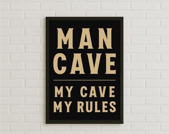 Man Cave Wall Art My Cave My Rules Poster Print, Bold Typography Dad Gift Idea, Black And Gold Home Office Decor