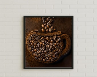 Coffee Bean Bliss – Artistic Coffee Cup Wall Art Poster, Calming Earthy Toned Cafe Feel Creative Decor, Caffeine Lover Gift Idea