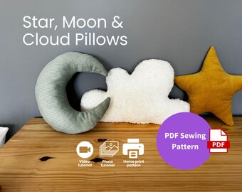 May include: A set of three plush pillows shaped like a star, moon, and cloud. The star is yellow, the moon is green, and the cloud is white. The pillows are arranged on a wooden surface. The text "PDF Sewing Pattern" is visible in a purple circle.