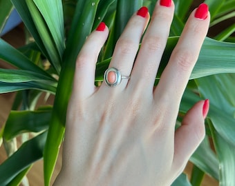 14k Solid Gold Pink Coral Gemstone Ring, Oval Cut Pink Coral Gemstone Ring, Coral Ring for Women,Dainty Ring, Handmade Jewelry Ring for wife