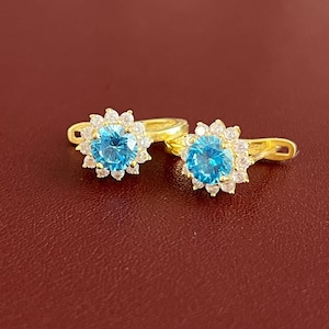 14K Gold Round Aquamarine Earrings, Blue Aquamarine Earrings in 14K White Gold, Engagement Jewelry,March Birthstone Earrings , Gift for Her