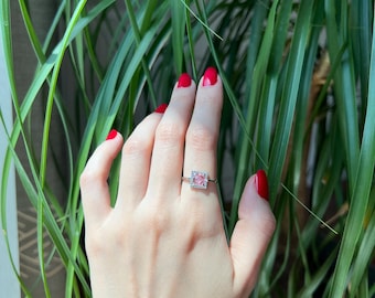 14k Solid Gold Pink Ring , Pink Square Double Cut Ruby Ring, January Birthstone Ring for Women,Pink Engagement Ring , Vintage Style Ring