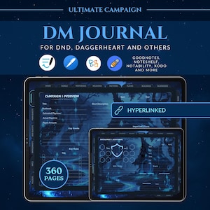 Digital DND Journal for DnD 5e | Hyperlinked DM Journal Pdf | DnD Goodnotes Notability | Campaign Session Tracker | D&D Worldbuilding (Blue)