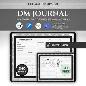 Könnte beinhalten: Ein digitales DM-Journal für Dungeons & Dragons und andere Tabletop-RPGs. Das Journal enthält eine Kampagnenübersicht, Antagonisten- und zusätzliche Abschnitte und ist kompatibel mit GoodNotes, Notability und Xodo. Enthält 340 Seiten und ist KI-frei.