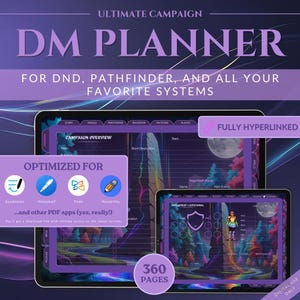 Puede incluir: Un planificador de DM digital para Dungeons & Dragons, Pathfinder y otros sistemas. El diseño púrpura incluye el texto "DM PLANNER" y "OPTIMIZADO PARA" Goodnotes, Noteshelf, Xodo y Notability. El planificador tiene 360 páginas y está totalmente hipervinculado.