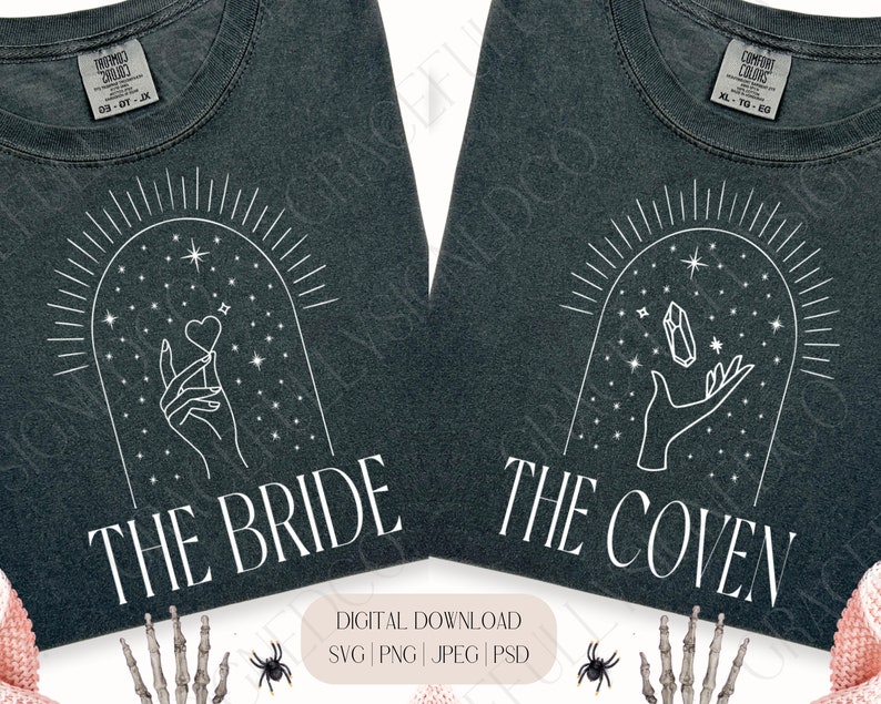May include: Two dark gray t-shirts with white text and designs. The left shirt says "The Bride" and features a hand holding a heart with stars and a crescent moon. The right shirt says "The Coven" and features a hand holding a crystal with stars and a crescent moon.