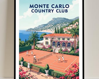 Monte Carlo Country Club Poster Tennis Court Art Print – Monaco Travel Poster, Retro Wall Art for Home Decor, Gift for Interior Design