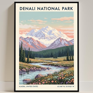 Póster de viaje del Parque Nacional Denali, Alaska – Impresión artística con ilustración estadounidense