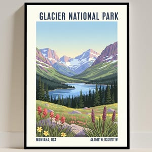 Glacier National Park Montana Poster – USA Travel Art Print Illustration America