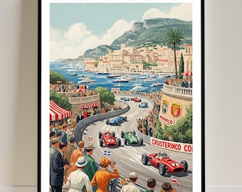 May include: A framed vintage poster of the Circuit de Monaco race. The artwork depicts race cars speeding along a track with spectators, buildings, and the sea in the background. The text "CIRCUIT DE MONACO" is at the top, with "MONTE CARLO, MONACO" at the bottom.
