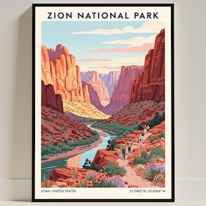 Póster de viaje del Parque Nacional Zion, Utah, EE. UU. – Ilustración de arte americano vintage