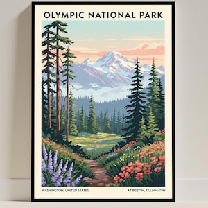 Póster de viaje del Parque Nacional Olímpico, estado de Washington – Ilustración de EE. UU. Impresión artística estadounidense