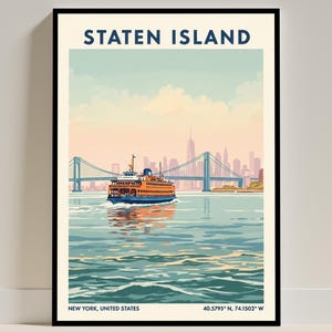 Staten Island Borough, New York Travel Poster – Vintage New York City NYC Art Wall Print Retro Decor Illustration