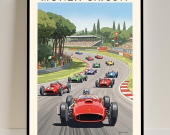 May include: A framed vintage-style poster featuring a race at Monza Circuit, Italy. The artwork depicts several classic race cars in various colors, racing on a track with spectators and trees in the background. The poster includes the text "MONZA CIRCUIT".