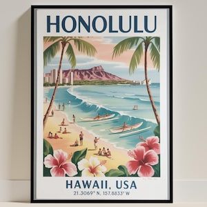 Honolulu Hawaii Travel Poster | Diamond Head Waikiki Beach Wall Art | Vintage Mid Century Style Art Print | Hawaiian Tropical Paradise Decor