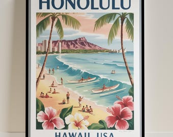 May include: Framed Honolulu, Hawaii, USA travel poster. The vintage-style print features a beach scene with palm trees, ocean waves, and people. The poster includes the text "HONOLULU" at the top and "HAWAII, USA" at the bottom, with coordinates.
