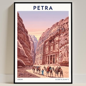 Petra, Jordan Travel Poster – Vintage Art Print Jordan Illustration Retro Wall Art Decor