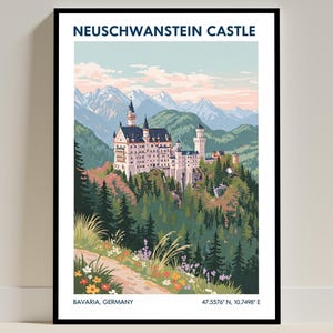 Neuschwanstein Castle, Germany Travel Poster – Vintage German Art Print Wall Art Illustration DE Retro Decor