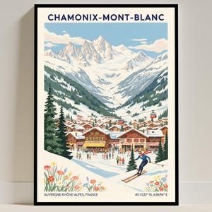 Chamonix-Mont-Blanc Alps Skiing Travel Poster – Vintage Ski Resort French Wall Art France Illustration Print