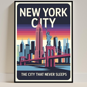 Impresión artística del horizonte de la ciudad de Nueva York, póster de viaje de Nueva York, Empire State Building, Estatua de la Libertad, arte mural