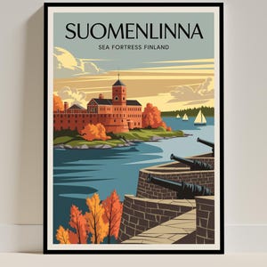 Stampa artistica della fortezza di Suomenlinna - Sito UNESCO di Helsinki - Poster di viaggio finlandese Art Déco - Arte murale autunnale del Mar Baltico - Decorazioni costiere
