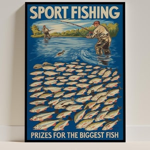 Vintage Sport Fishing Poster | Retro Fisherman Illustration Wall Art for Lake House, Cabin Decor, Man Cave, and Angler Gift Husband Gift