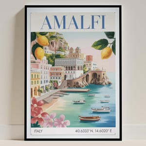 Amalfi Italy Travel Poster, Vintage Italian Coast Art Print, Mediterranean Decor, Retro 1950s Style Amalfi Coast Wall Art, Italian Vacation