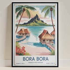 Póster de viaje de Bora Bora, arte de la Polinesia Francesa, impresión vintage, Monte Otemanu, decoración de playa tropical, arte isleño