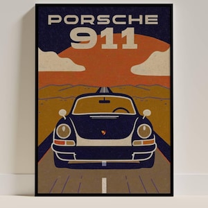 ポルシェ911ヴィンテージポスターイラストクラシックカーウォールアート、レトロな自動車装飾